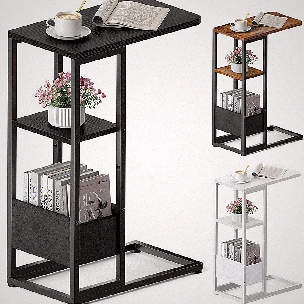 C Shaped End Table, Small Side Table for Couch with Storage bag for Living Room
