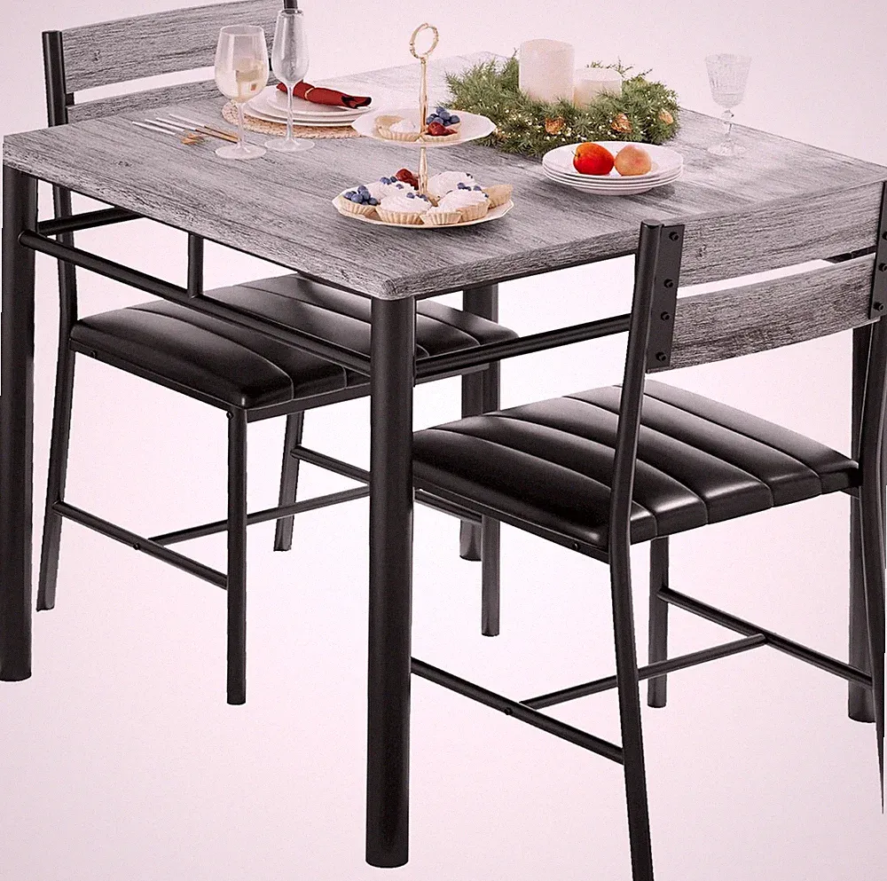 Compact Gray Dining Table Set for 2 with Upholstered Chairs for Small Spaces