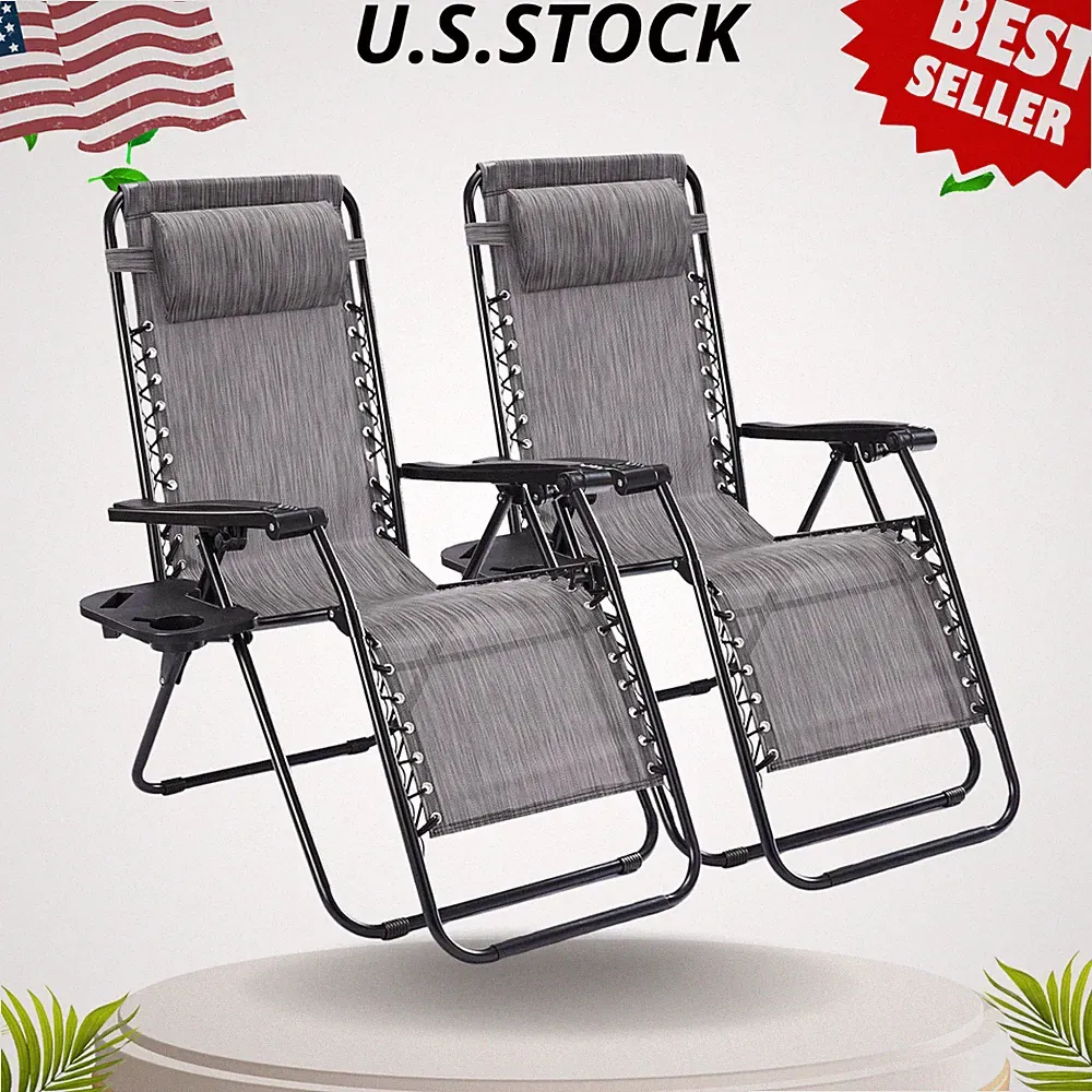 Zero Gravity Chairs 2-Pack Folding Recliner with Cup Holder Grey